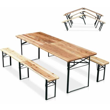 Conjunto plegable Mesa y Bancos de Madera para Eventos y Jardín 220x80