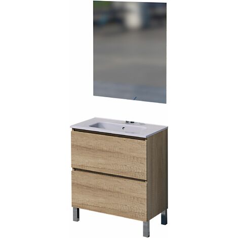 Conjunto Rita de mueble de baño con espejo y lavamanos cerámico, de una puerta y un cajón, color roble natur, 60 x 46 x 82.