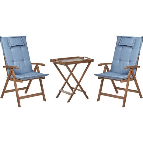 Conjunto rústico de balcón jardín mesa de acacia maciza natural oscura 2 sillas plegables con cojines azules Amantea