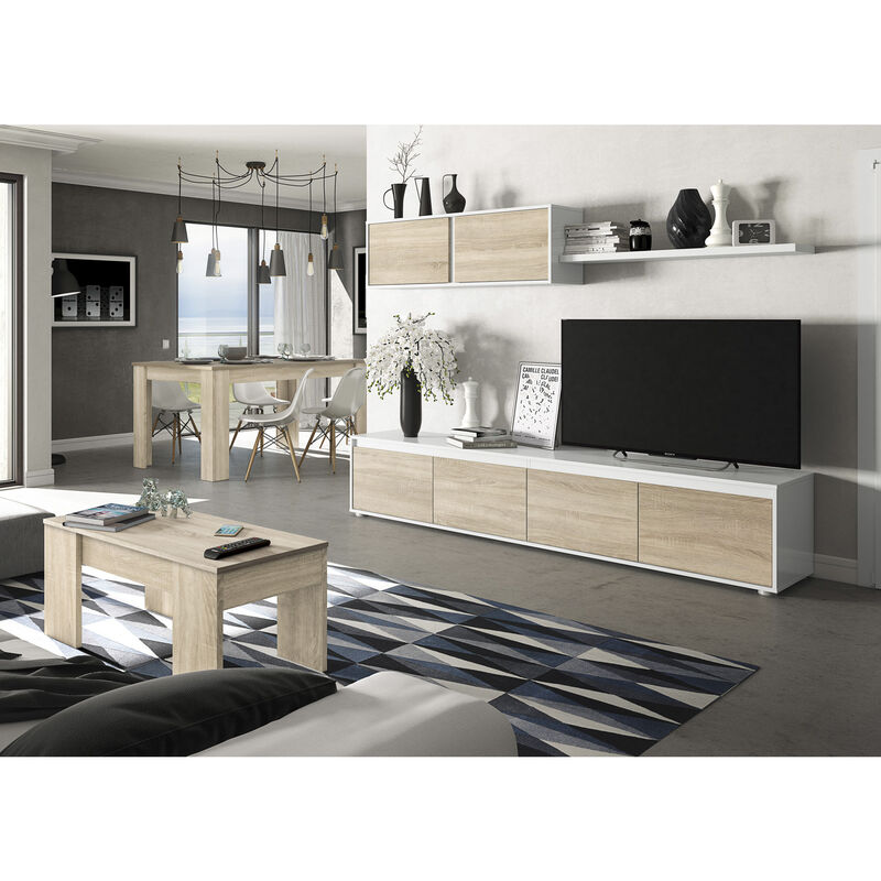 

Conjunto Salón Moderno Alice, Mueble salon + Estante con Mesa Comedor extensible y Mesa de Centro elevable