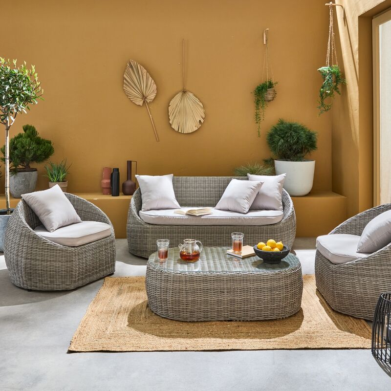 

Muebles de jardín, conjunto sofá de exterior, Natural Gris claro, 4 plazas, ratan sintético, resina trenzada redonda - Ritardo - Varios tonos de