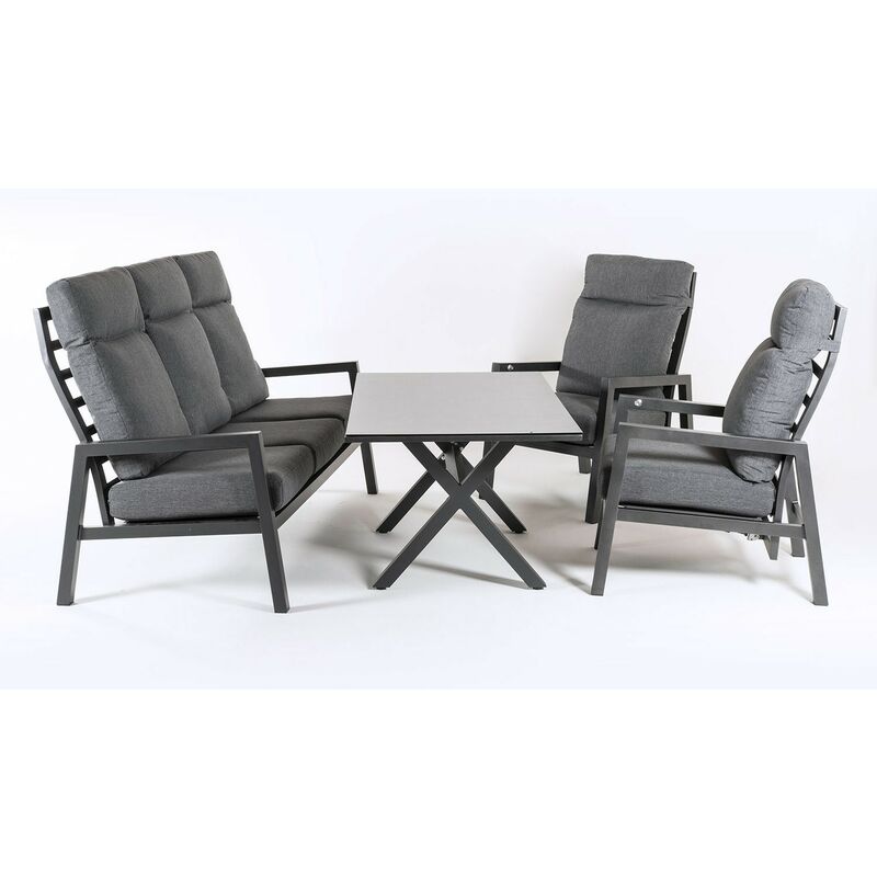 

Conjunto sofÃƒÂ¡s exterior, Aluminio reforzado color antracita, SofÃƒÂ¡ 3 plazas + 2 sillones reclinables + Mesita cafÃƒÂ©, 5 pl