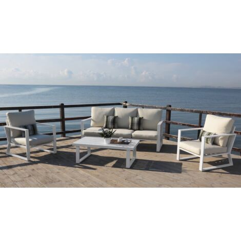 Conjunto terraza jardín aluminio Bolonia-8 con estructura en blanco.
