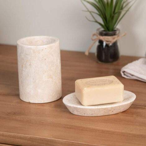 Conjunto vaso jabonera de mármol crema
