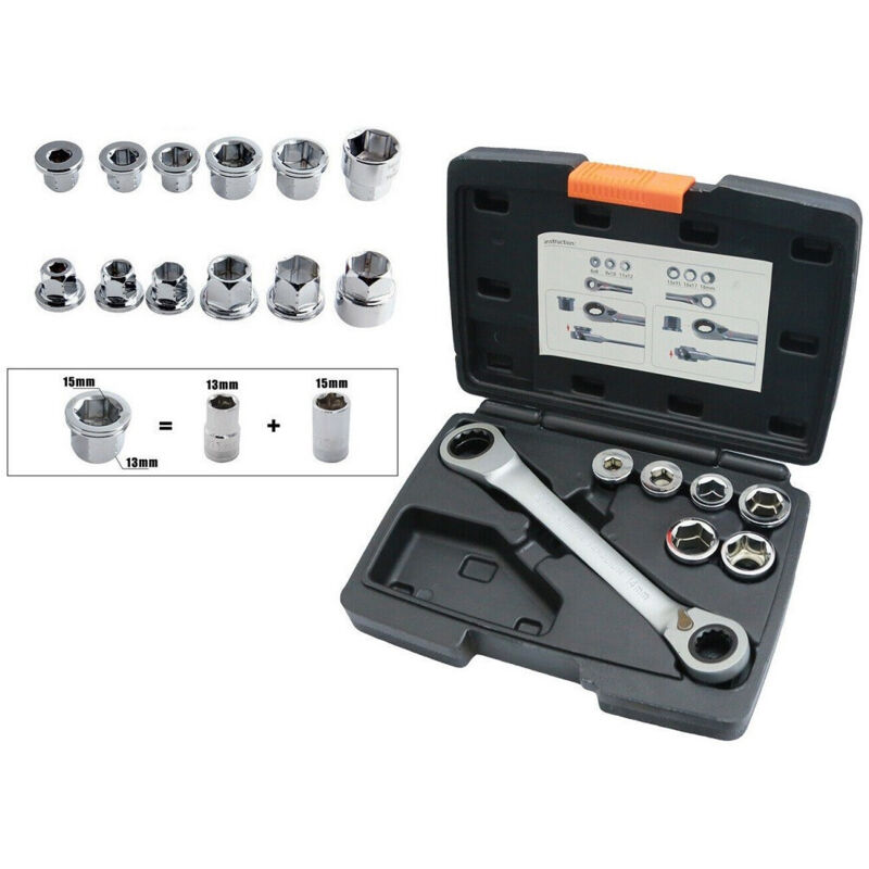 Trade Shop - Set 7 Chiave A Cricchetto Reversibile Esagonali 14-19mm 5 Innesti 6-19mm -