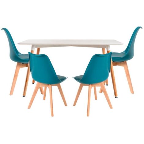 Conjuntos de mesa y sillas - Conjunto Mesa Tower Rectangular 120 x 80 cm Blanca y Pack 4 Sillas Synk Basic - Verde azulado
