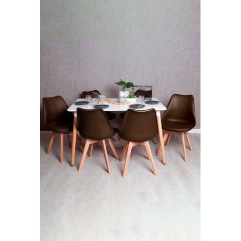 Conjuntos de mesa y sillas - Conjunto Mesa Tower Rectangular 120 x 80 cm Blanca y Pack 6 Sillas Synk Basic - Marrón