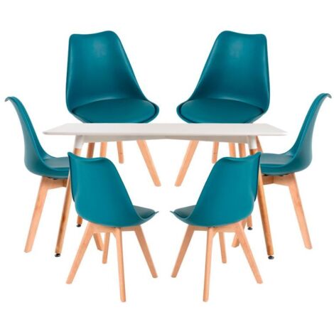 Conjuntos de mesa y sillas - Conjunto Mesa Tower Rectangular 120 x 80 cm Blanca y Pack 6 Sillas Synk Basic - Verde azulado