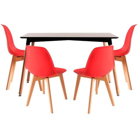 Conjuntos de mesa y sillas - Conjunto Mesa Tower Rectangular 120 x 80 cm Negra y Pack 4 Sillas Kelen - Rojo