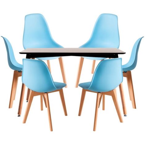 Conjuntos de mesa y sillas - Conjunto Mesa Tower Rectangular 120 x 80 cm Negra y Pack 6 Sillas Kelen - Azul cielo