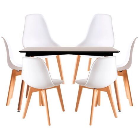 Conjuntos de mesa y sillas - Conjunto Mesa Tower Rectangular 120 x 80 cm Negra y Pack 6 Sillas Kelen - Blanco