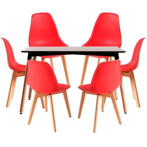 Conjuntos de mesa y sillas - Conjunto Mesa Tower Rectangular 120 x 80 cm Negra y Pack 6 Sillas Kelen - Rojo