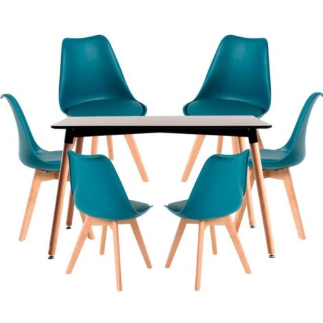 Conjuntos de mesa y sillas - Conjunto Mesa Tower Rectangular 120 x 80 cm Negra y Pack 6 Sillas Synk Basic - Verde azulado