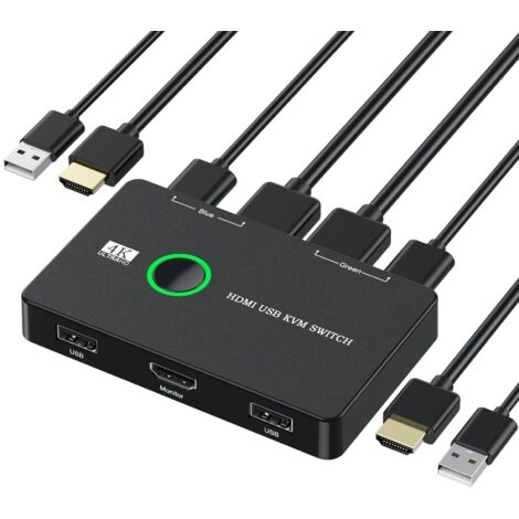 Conmutador HDMI KVM USB, JENUOS®, 2 puertos HDMI2.0 x 1 + 3 puertos, puertos USB KVM, Plug and Play, diseño con luz indicadora, color negro