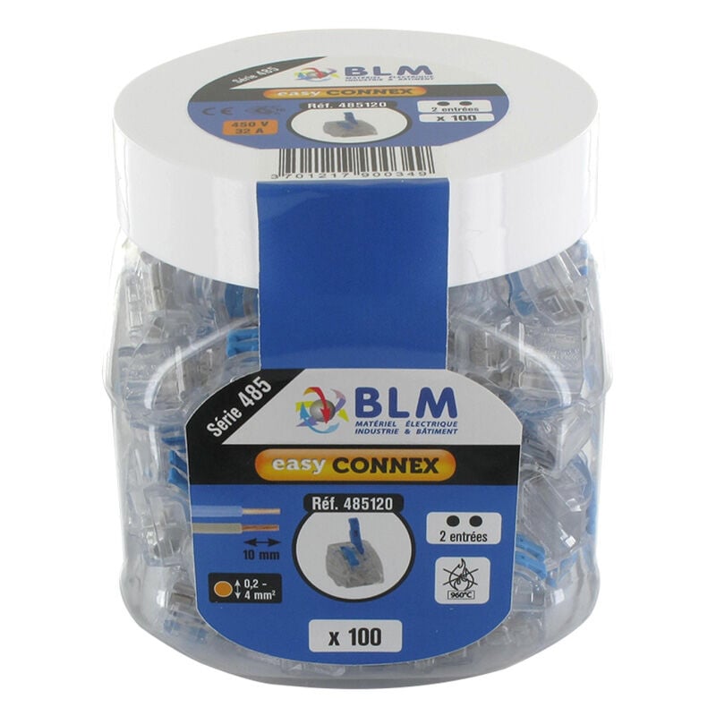 BLM - Boîte de 100 Connecteurs à leviers transparents 2 entrées (boîtes réutilisable) pour fils souple/semi-rigide et rigides de 0,2 à 4 mm²