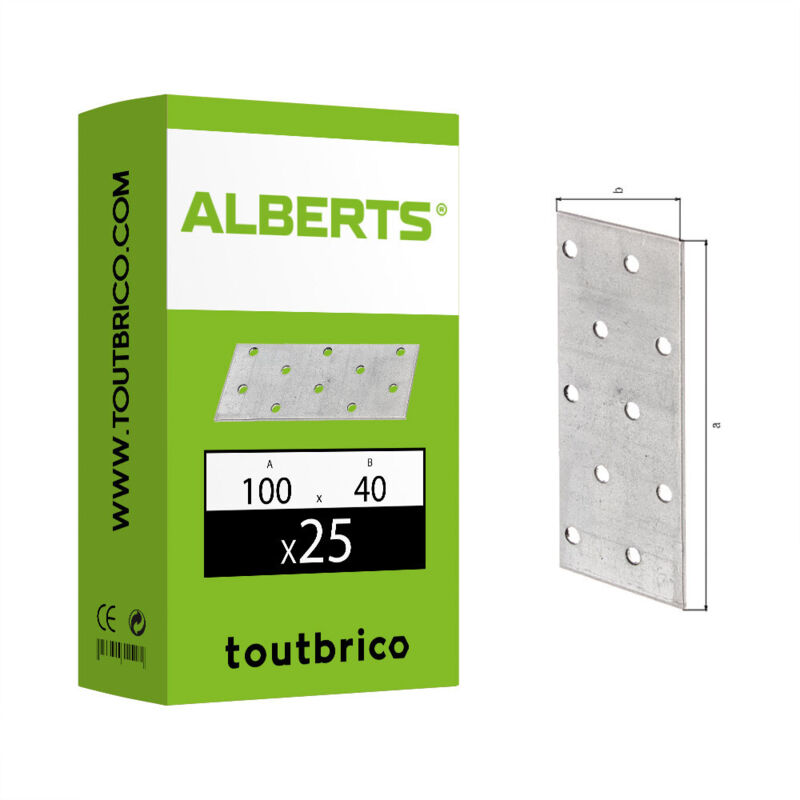 Connecteur plat en 14545:29-2 L.100mm B.40mm S.2mm Acier galvanisé Nb trou 10 (Par 25)