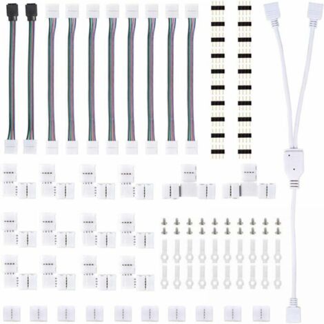 Connecteurs de Bande, Kit Connecteur Bande Lumière LED, avec Connecteurs Mâles 4 Broches Connecteurs LED Forme de L, Connecteur Bande LED RGB 5050, pour LED 10mm Ensemble d'Accessoires d'Extensi