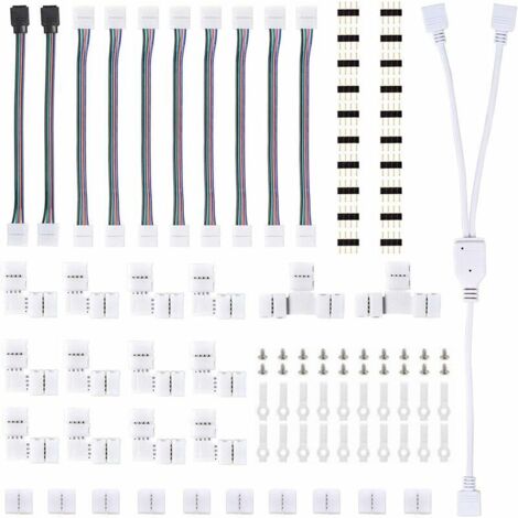 Connecteurs de Bande, Kit Connecteur Bande Lumière LED, avec Connecteurs Mâles 4 Broches Connecteurs LED Forme de L, Connecteur Bande LED RGB 5050, pour LED 10mm Ensemble d'Accessoires d'Extension