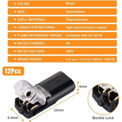 Connecteurs de Fil Basse Tension, 12 Pièces 2 Broches Cable Connectors Connecteur Electrique pour Câble 18-22 AWG (Noir)