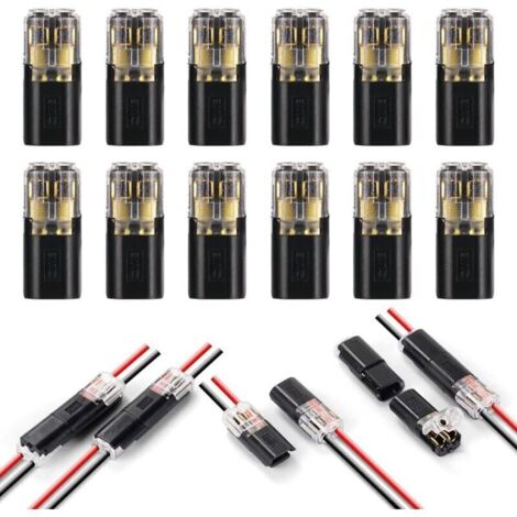 Connecteurs de Fil Basse Tension, 12 Pièces 2 Broches Cable Connectors Connecteur Electrique pour Câble 18-22 AWG (Noir)