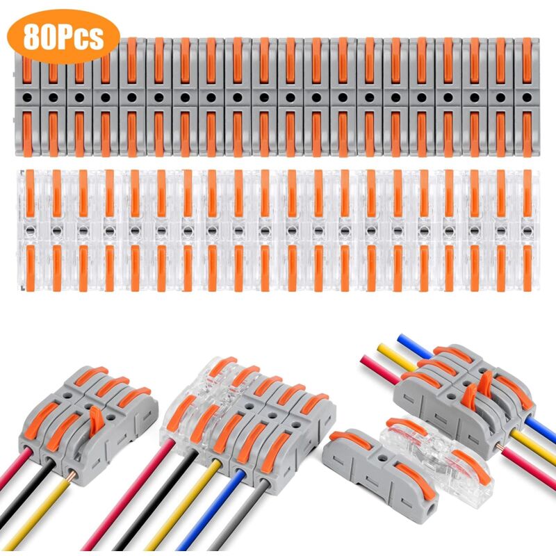 Connecteurs Électriques Rapide avec Levier,80 PCS Bornes de Connexion Rapide 1-Fil 2-Entrées,Domino Électrique Rapides,Connecteur de Fil de Câble