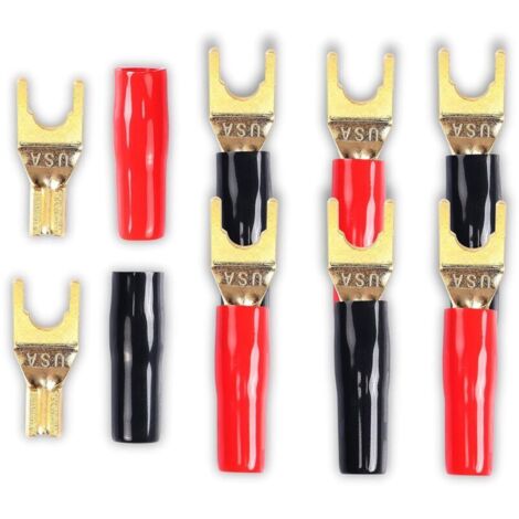 Connettore a forcella a Y per cavo altoparlante. 8 pezzi. Connettore a forcella a Y a 45 gradi placcato oro per cavo altoparlante fai da te (rosso e nero).