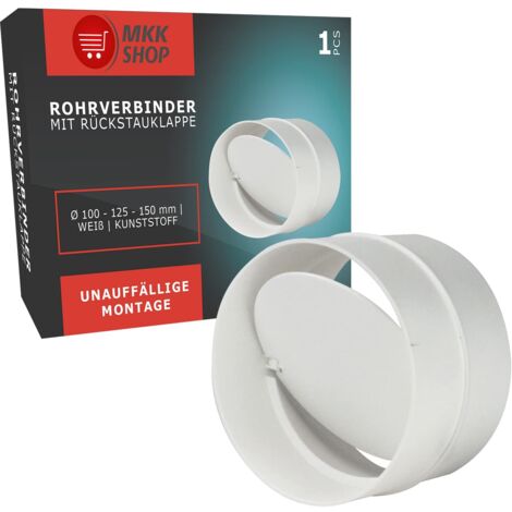 Connettore con aletta di riflusso, valvola di non ritorno, pezzo di collegamento, tubo di ventilazione, condotto rotondo, sistema di ventilazione, raccordo per tubo, diametro 100 mm, bianco