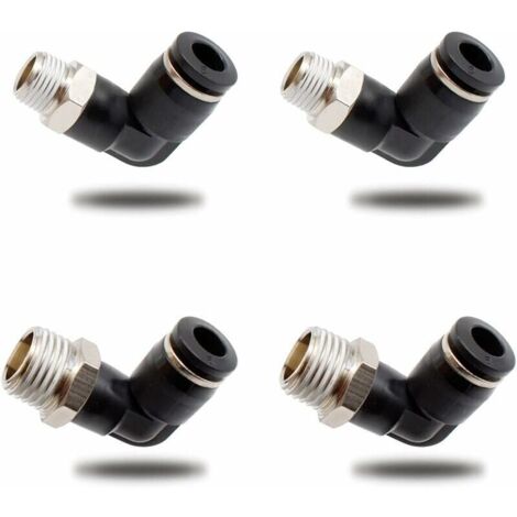 Connettori pneumatici Ulisem da 4 pezzi, due modelli diversi (raccordi rapidi con filettatura maschio da 6 mm × 1/4" e 6 mm × 1/8"), connettore a gomito pneumatico nero, adatto per utensili fai da te