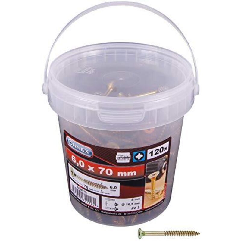 Viti universali 66,0 x 70 mm (120 pezzi) nel set – testa svasata – azionamento pz Pozidriv – filettatura parziale – giallo zincato/set di