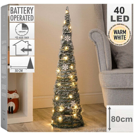 Cono pino innevato in ferro con luci Led per decorazioni natalizie -80 cm