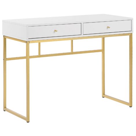 Consola blanca 2 cajones base de metal dorado 100 x 50 cm glamour oficina en casa Daphne