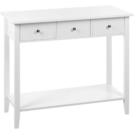 Consola blanca 90 x 40 cm MDF 3 cajones estante patas de madera recibidor Galva