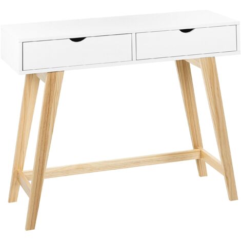 Consola blanco madera clara 101 x 36 cm MDF 2 cajones patas de madera Sully