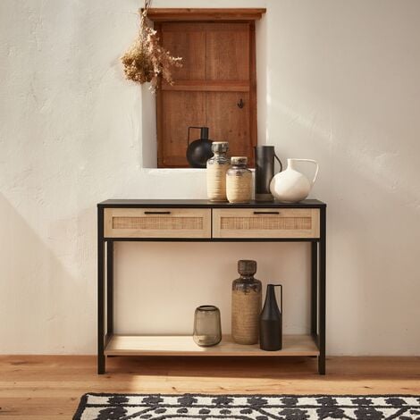 Consola de estilo escandinavo con efecto madera y caña, 100cm, Bianca, Negro, 100x30x75 cm