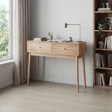 Consola de estilo Mid-Century en acabado roble con 2 cajones, práctico almacenaje, estructura estable, MDF.