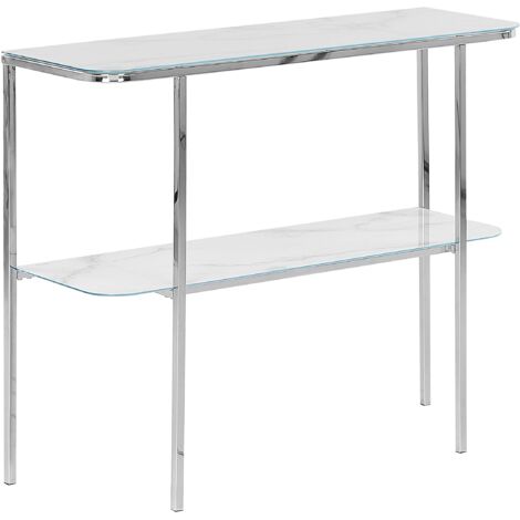 Consola de vidrio templado metal blanco plateado 100 x 33 cm efecto mármol glamour moderno sala de estar dormitorio Calvert
