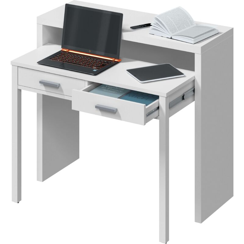 

Velocimuebles - Mesa escritorio extensible tocador salón blanco artik 2 cajones 98x87x36-70 cm