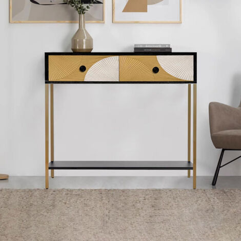 Console 2 tiroirs 100x40x76 cm en bois de pin et métal jaune et noir