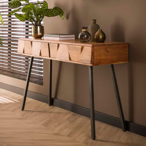 Console 2 tiroirs 125x40x77 cm en acacia naturel et métal noir