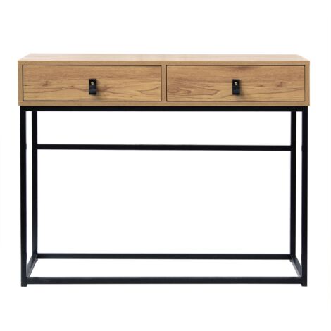 Console 2 tiroirs en métal noir effet chêne – Dimensions L 100,3 x P 35,3 x H 80,5 cm – Poignées imitation cuir