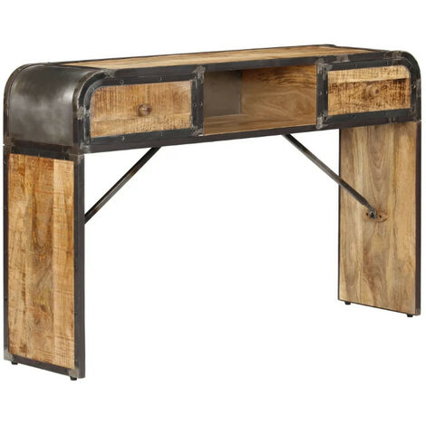 Console 2 tiroirs manguier massif clair et métal noir Cinéma