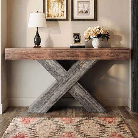 Console à pieds en X-140x30x80cm-console étroite-aspect bois-table d'appoint-Noyer