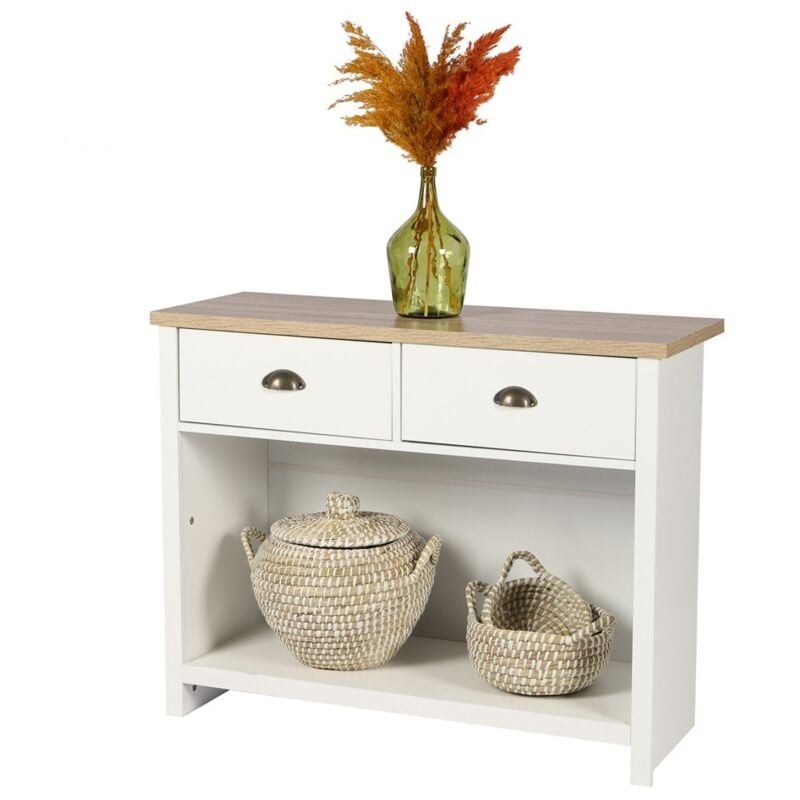 Meublorama - Console avec 1 étagère et 2 tiroirs design colonial – 97x35xH76 cm, coloris blanc et plateau chêne clair – Collection madera