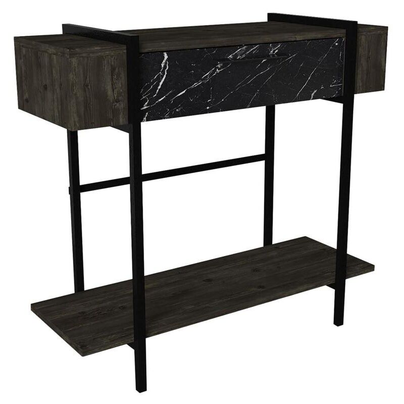 Vente-unique - Console avec 1 porte et 1 étagère - Naturel foncé et effet marbre noir - chenoa