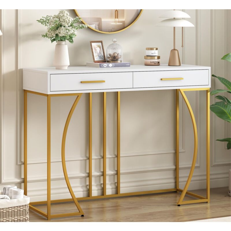 Modernluxe - Console avec 2 tiroirs - style moderne - Blanc & Doré