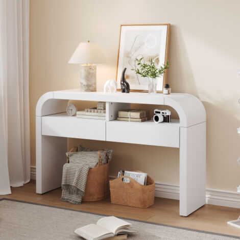 Console avec 2 tiroirs et étagères ouvertes, blanc, 120 x 35,5 x 76,5 cm