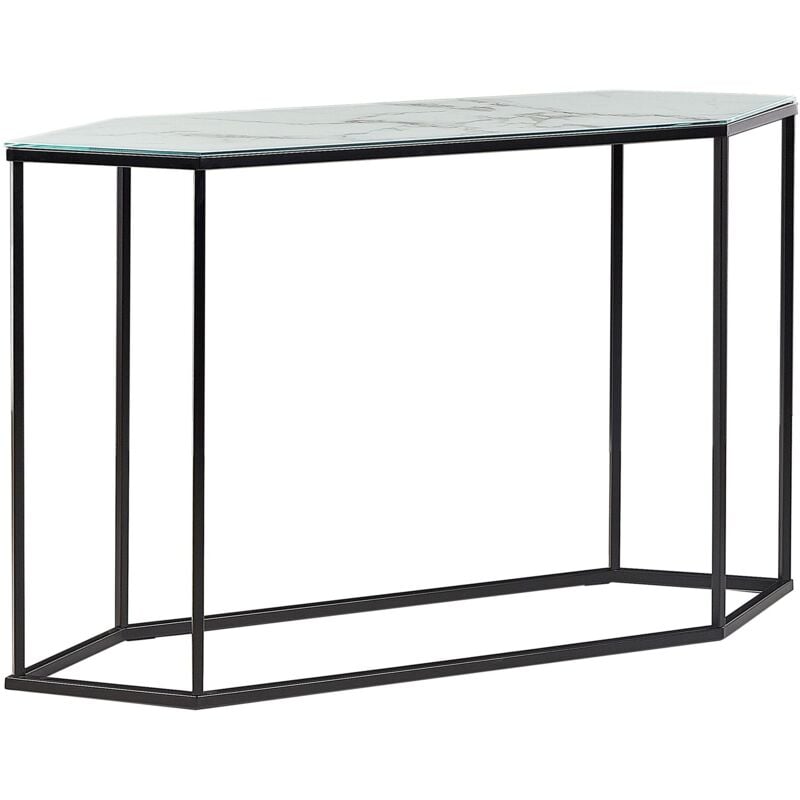 Beliani - Console Glamour Plateau Effet Marbre Blanc Verre Trempé Cadre en Acier Pieds Noirs Perrin