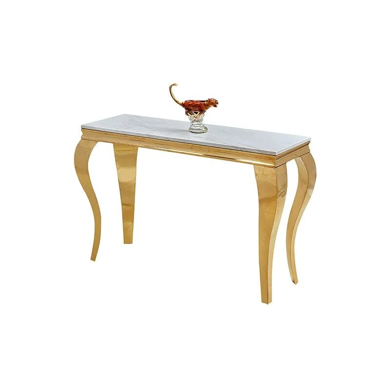 Homy France - Console baroque Gold plateau verre blanc marbré 110x50x85 cm