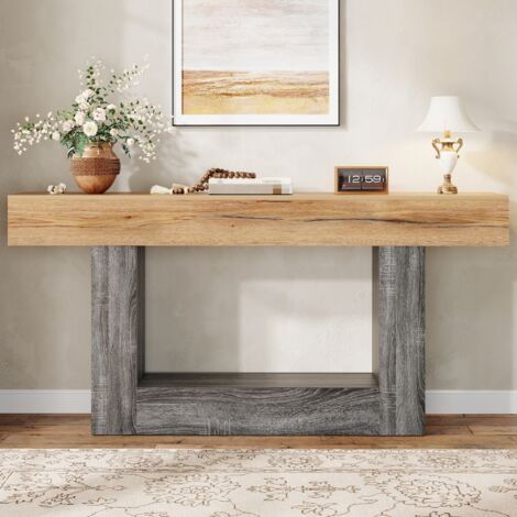 Console bicolore avec effet bois,console pour couloir/salon,plateau épais,compartiment de rangement inférieur,matériau en carton