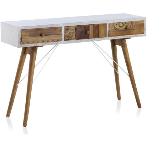 Console blanche avec façade en bois naturel recyclé